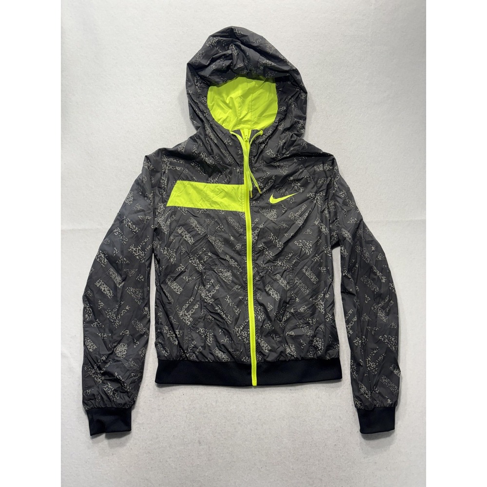 Nike Windbreaker Jacket Mens Medium Gray Neon Yellow Hooded Full Zip Print